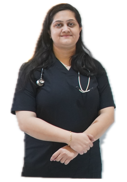 Dr. Digita J. Bhati wearing dark scrubs and a stethoscope.